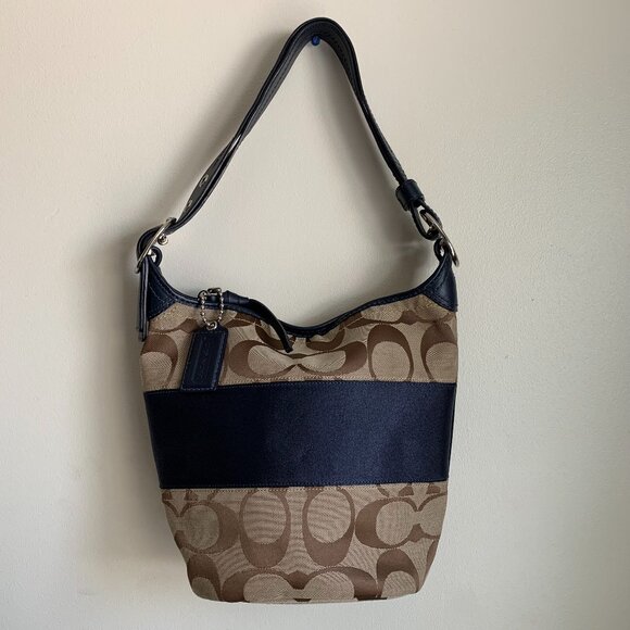 Coach Navy and Tanned Monogram Bucket Style Shoulder Bag Convertible to Crossbod - Picture 1 of 16